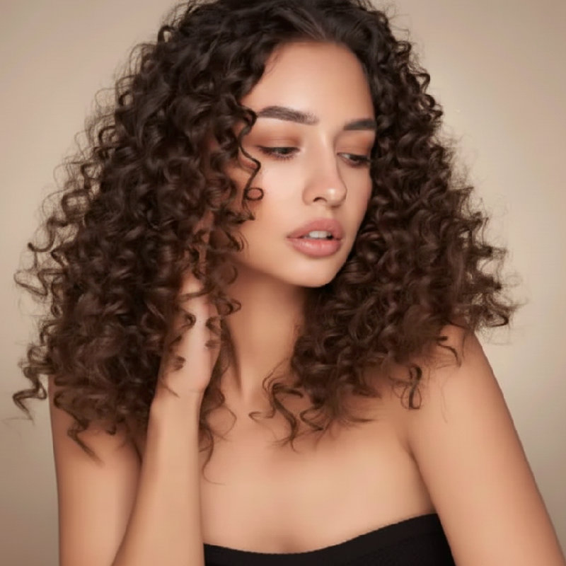 她的卷发完美地勾勒出她的脸型。