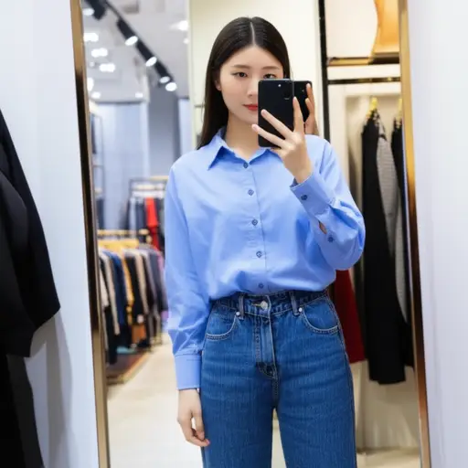 她买了一件蓝色的衬衫配她的牛仔裤。