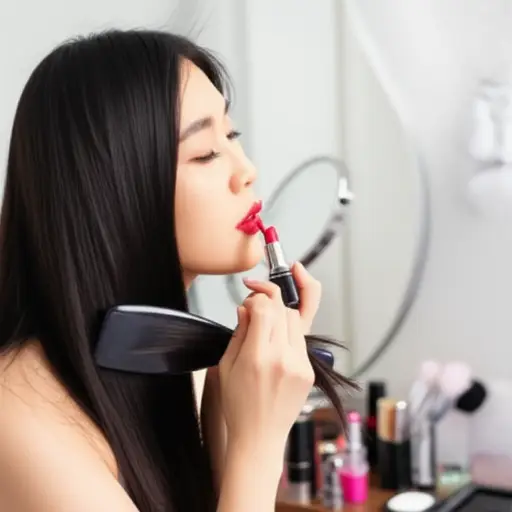 她梳了梳头发，涂了点口红。