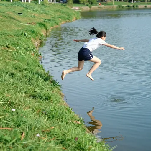 她跑过草地，跳进了水里。