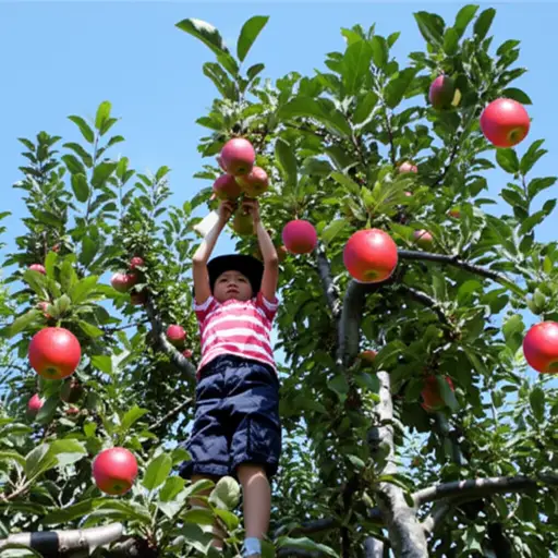 一个小男孩爬上苹果树，摇晃树枝，让果实掉下来。