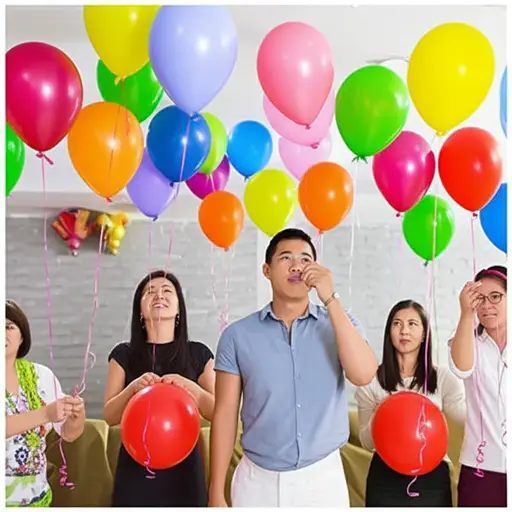 我们尽可能多地吹气球来装饰大厅。