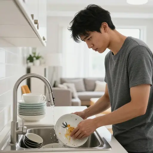 我偶尔洗碗（我有时试图避免这个不愉快的任务）并打扫我们的房子。