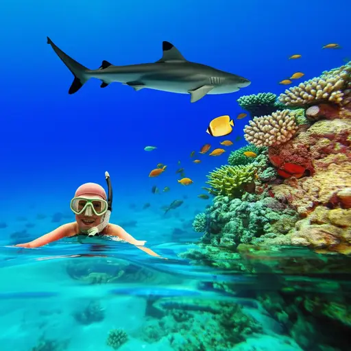 浮潜时，我看到一条鲨鱼在珊瑚礁附近游动。