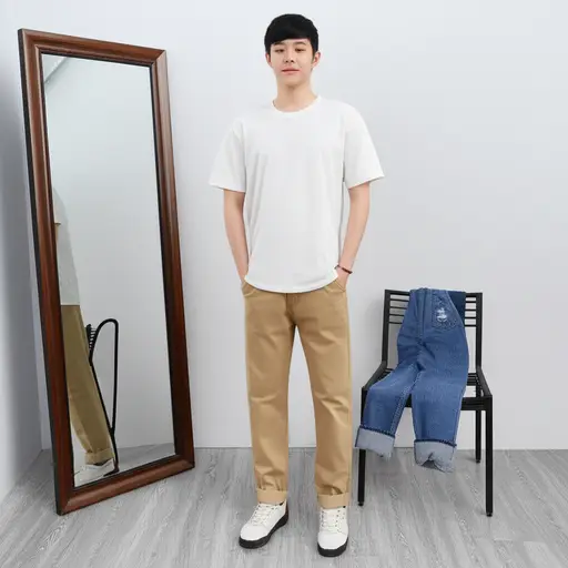 我通常穿牛仔裤，但今天穿了卡其裤。