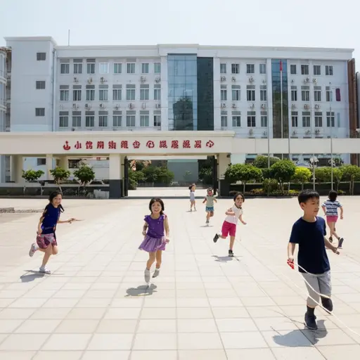 孩子们在学校前面玩耍。