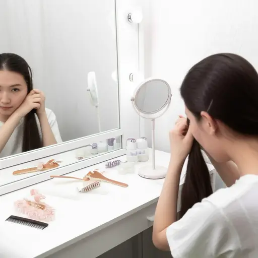 她在梳妆台的镜子里整理头发。