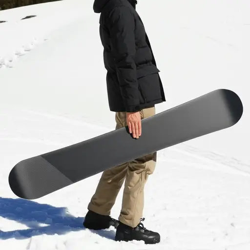 他的新滑雪板是由碳纤维制成的。