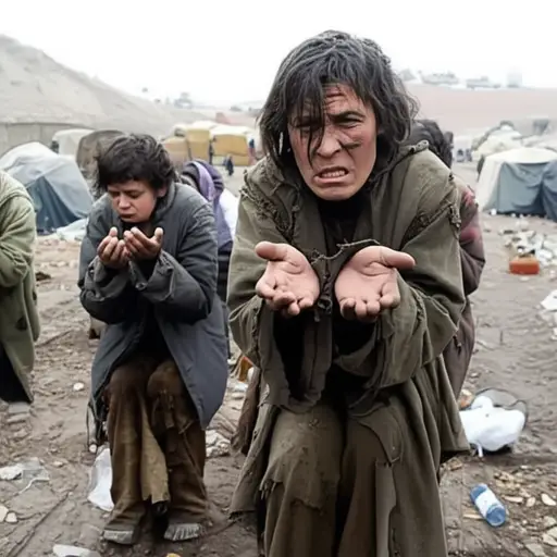 难民们乞求食物和水。