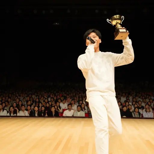 他在学校的说唱比赛中获得了一等奖。