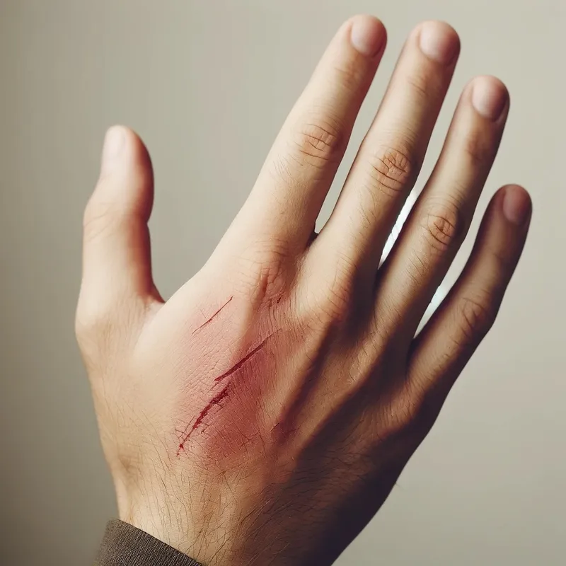 他的手背因为摔倒划伤了。