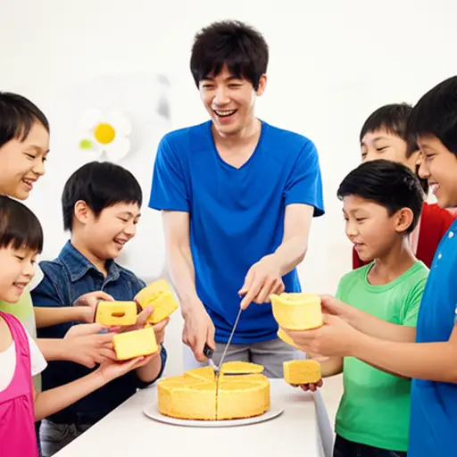 他把蛋糕切成六块，给每个孩子一块。