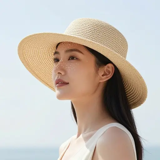 她戴了顶帽子来遮挡阳光，避免晒到脸。