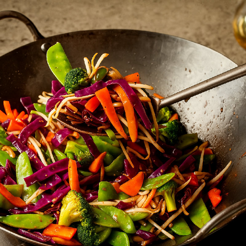 她正在炒蔬菜。