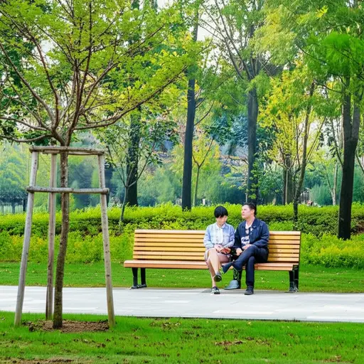 散步后，我们坐在公园的长椅上休息。