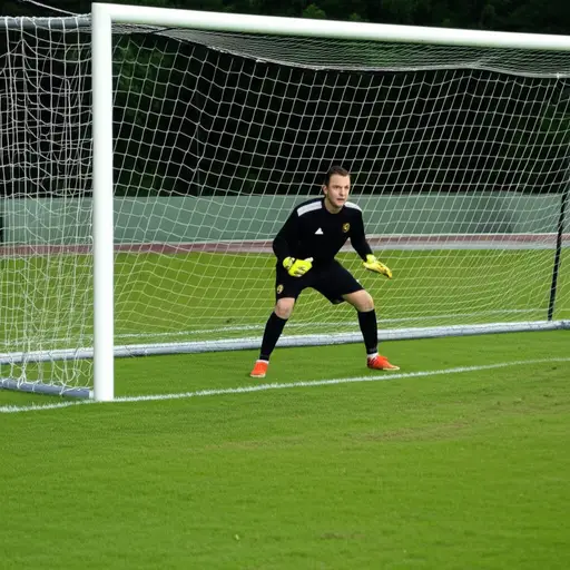 守门员站在球门前，准备扑救。