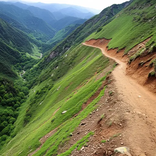 小路陡峭地向下延伸至山谷中。