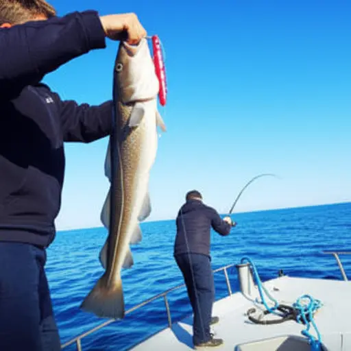 我们在海里钓鱼时抓到了一条大鳕鱼。