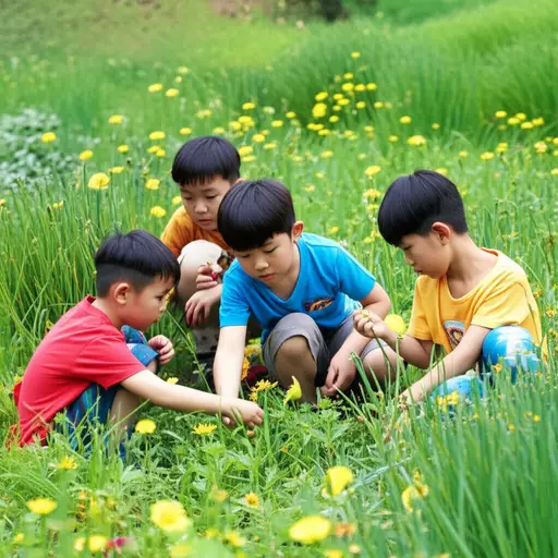 在自然漫步中，孩子们学会了负责任地采摘野花。