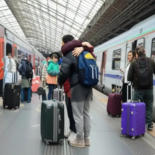 他们在车站见面时互相拥抱。