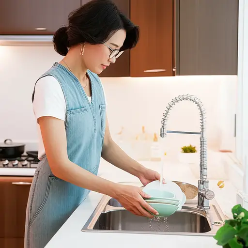 我妈妈正在厨房的水槽里洗碗。