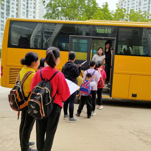 老师们在学生登上长途汽车时清点了学生人数。