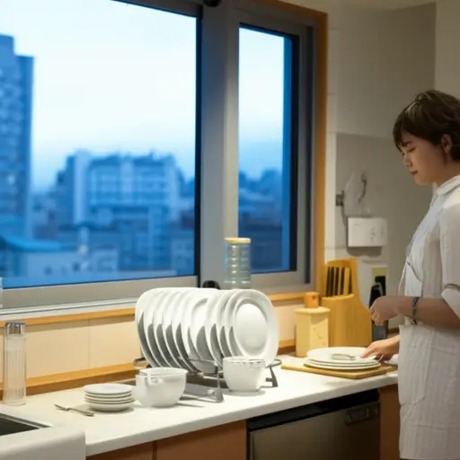 她晚饭后把厨房收拾干净了。