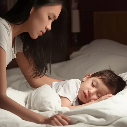 她轻轻地给熟睡的孩子盖上了毯子。