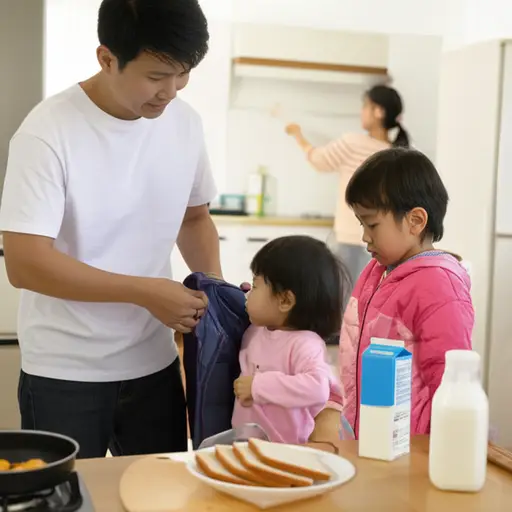 我丈夫给孩子们穿衣服时，我在做早餐。