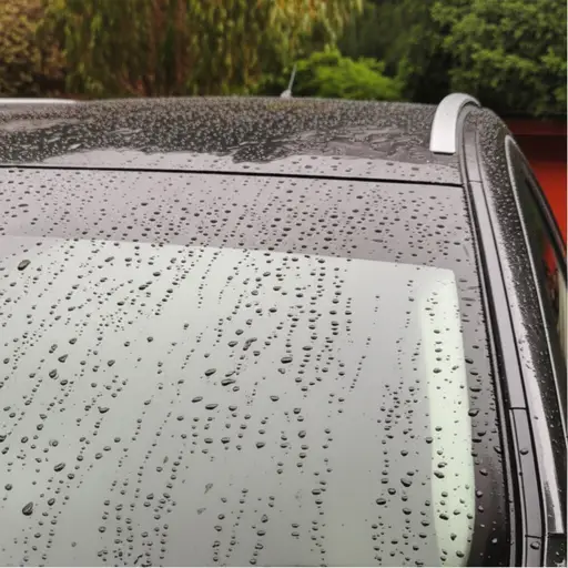 雨滴打在车顶上，发出哒哒的声音。