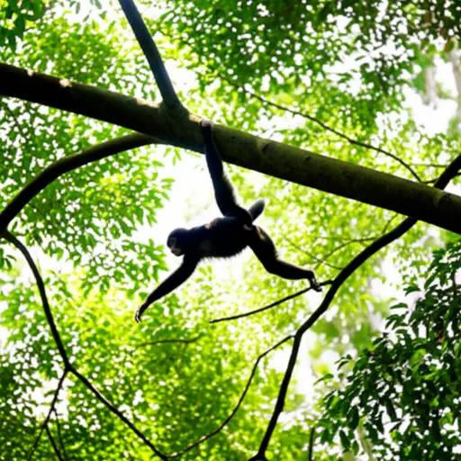 看！那只猴子在树上荡来荡去。