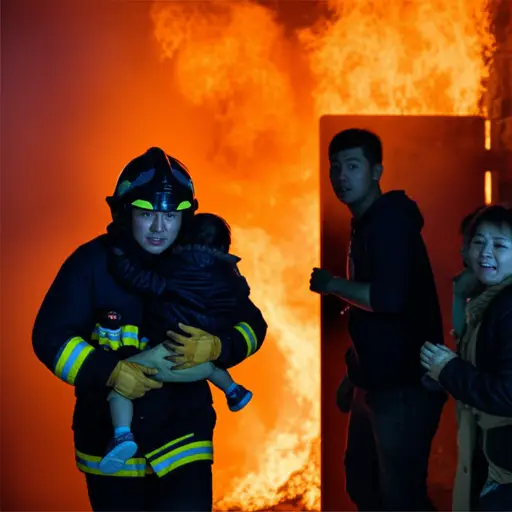 那位勇敢的消防员从燃烧的大楼里救出了那家人。