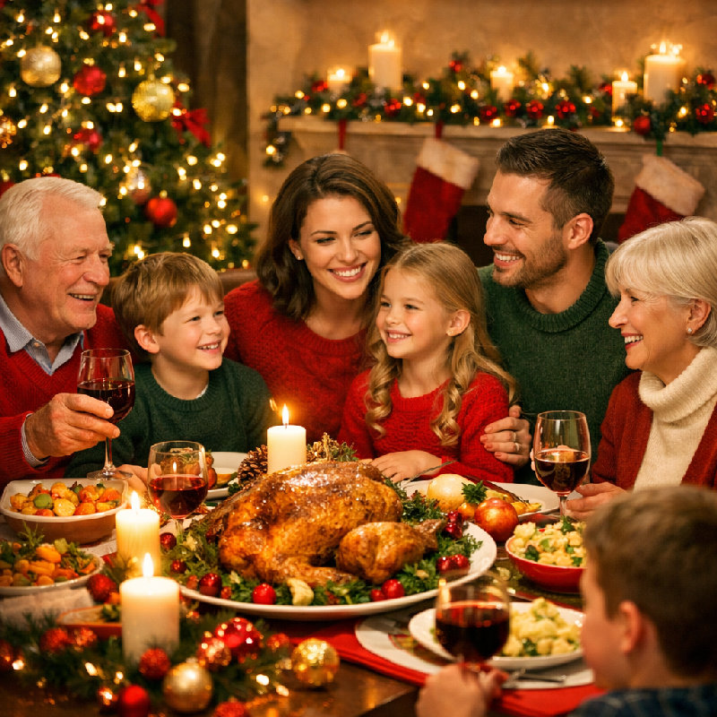 全家人围坐在一起享用圣诞晚餐。
