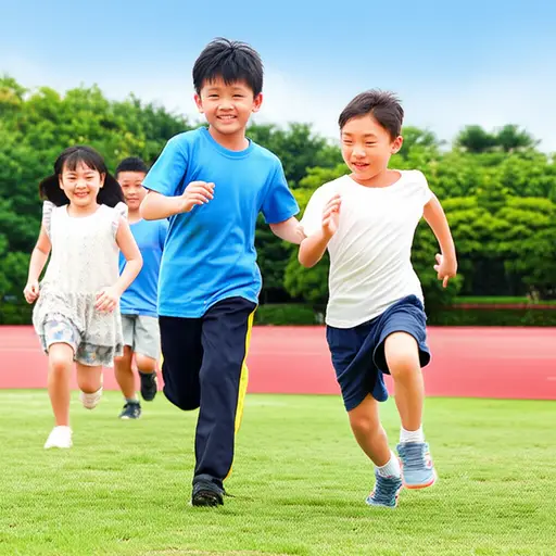 孩子们在操场上开心地互相追逐。