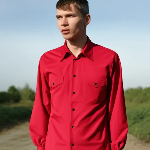 他穿着一件红衬衫。