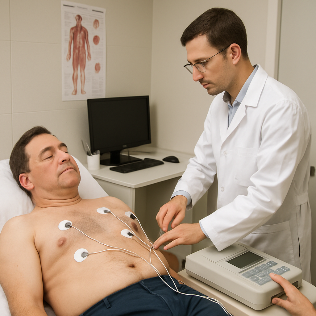医生用心电图检查心脏的电活动。