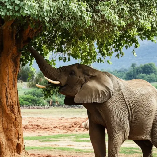 这头大象正在吃树叶。