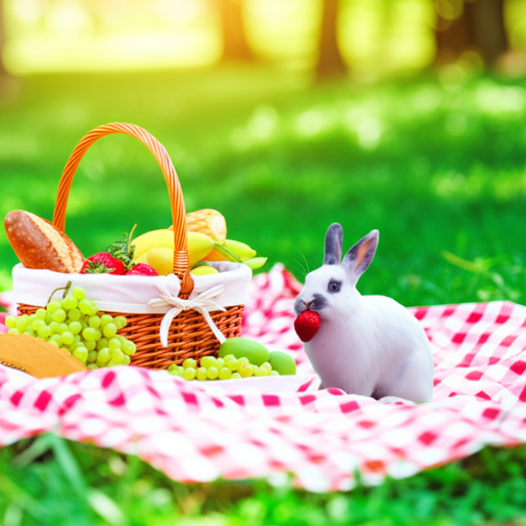 一只兔子坐在野餐布上吃草莓。