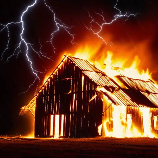 老谷仓在暴风雨中着火了。