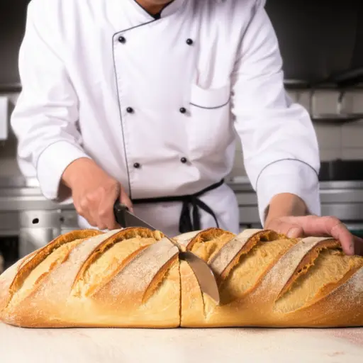 这位面包师用刀小心翼翼地切开了新鲜的面包。