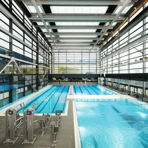 新的体育中心很大，里面有一个游泳池。