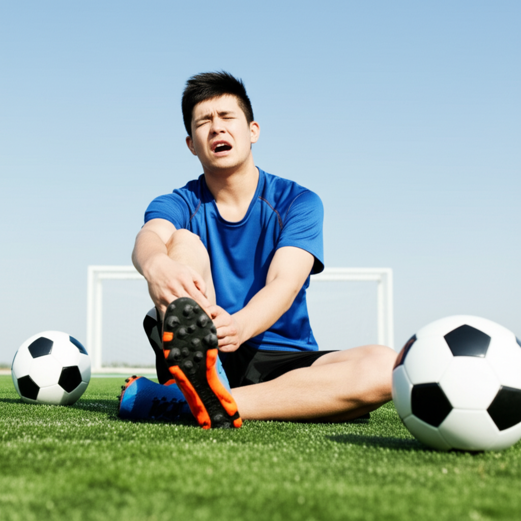 他昨天踢足球时扭伤了脚踝。