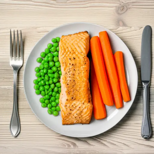 晚餐我们吃了鲑鱼配豌豆和胡萝卜。