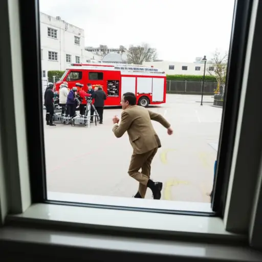 我只从教室窗户看到了憨豆先生——他们正在拍摄他跑向消防站。