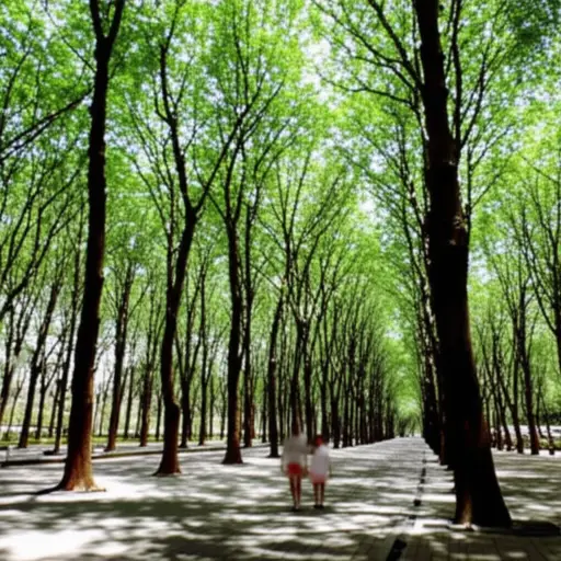 我们沿着一条宽阔的林荫大道散步。