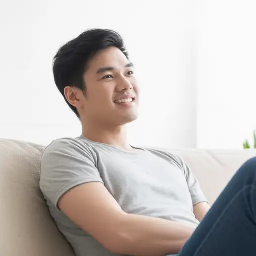 他显得冷静而放松。