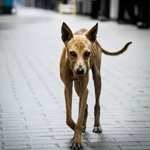 瘦而饥饿的狗在街上游荡。