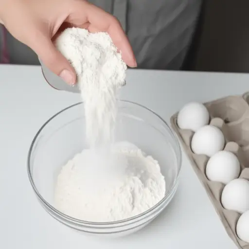 首先，把面粉倒进碗里。然后，加入鸡蛋。