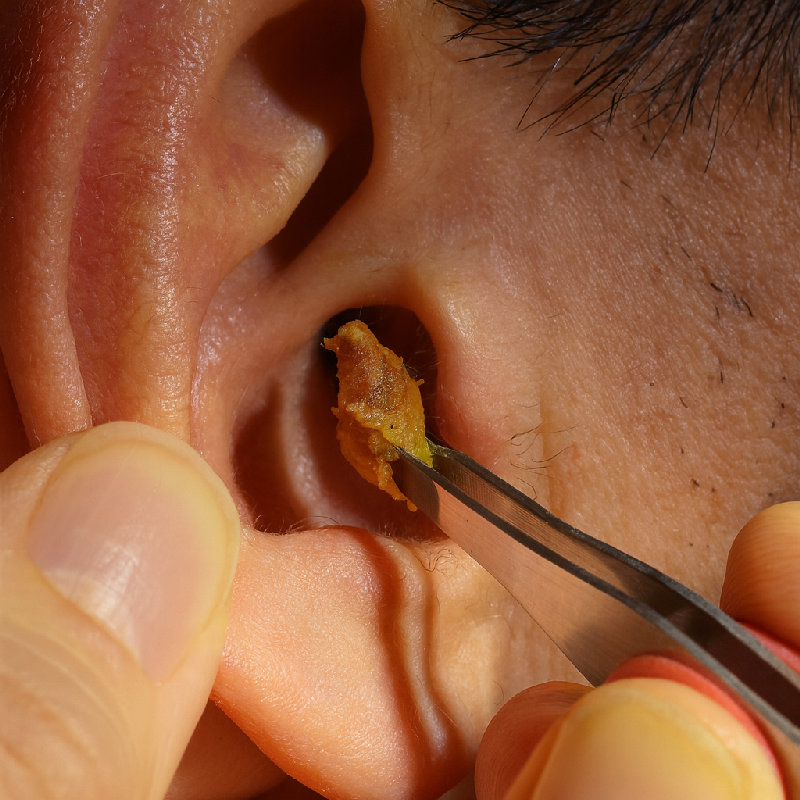 他正用镊子从耳朵里取出耳垢。