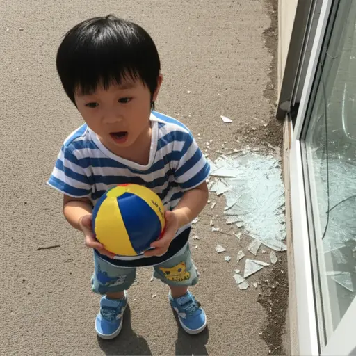 孩子玩球时不小心打破了窗户。